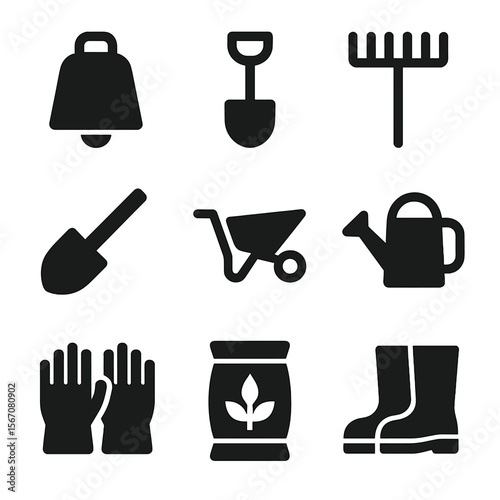 Farm Tools Icons. Solid, filled icon set of Cow bell and farming tools: cow bell, shovel, rake, hoe, wheelbarrow, watering can,