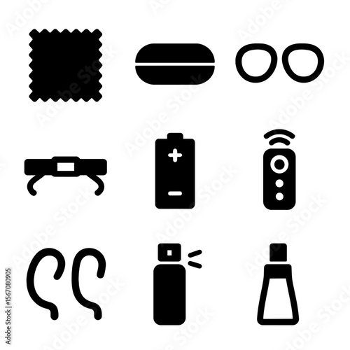 Glasses Accessories Icons. Solid, filled icon set of glasses accessories: cleaning cloth, glasses case, replacement lenses, nose