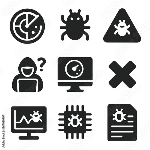 Cyber Threat Icons. Solid, filled icons set of cyber threat detection: radar screen, threat icon, malware