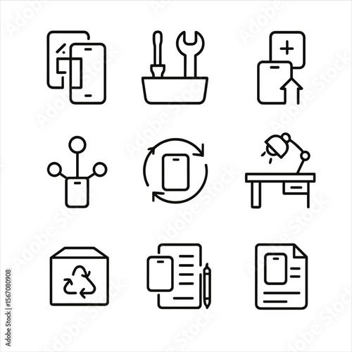 Circular Design Icon Set. Outline icon set of circular design and refurbishment: modular device design sketch, repair toolkit,