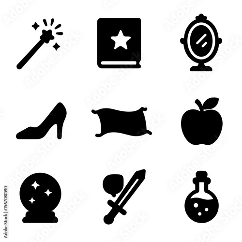Enchanted Object Icons. Solid, filled icon set of enchanted objects: magic wand, spell book, enchanted mirror, glass slipper,