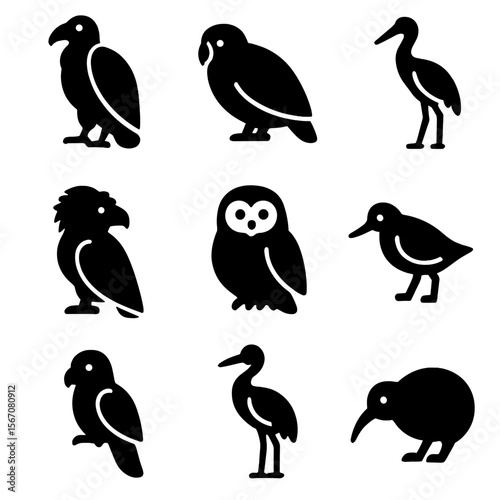 Endangered Species Icons. Solid, filled icon set of endangered birds: California condor, kakapo, whooping crane, Philippine eagle,