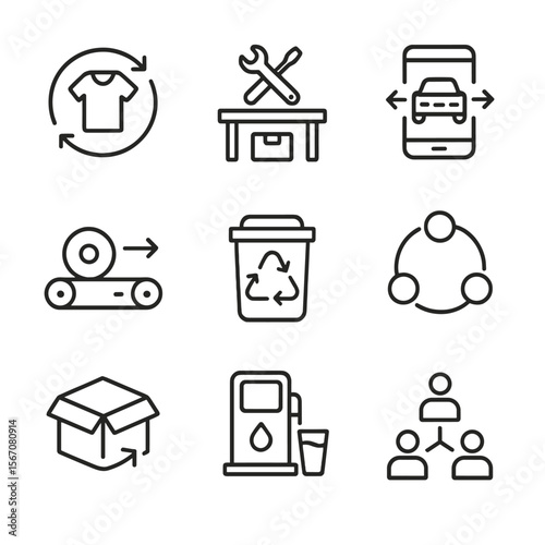Circular Economy Icons. Outline icon set of circular economy business models: looped arrows around product, repair workshop bench,