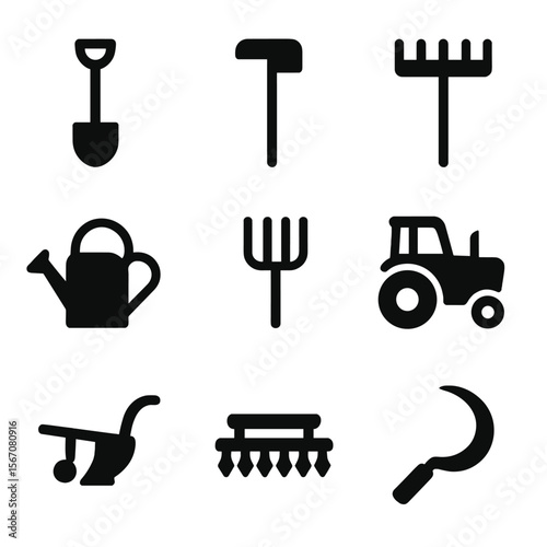 Farmer Tools Icons. Solid, filled icon set of farmer tools: shovel, hoe, rake, watering can, pitchfork, tractor, plow, harrow,