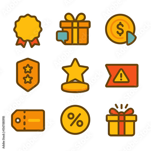 Savings Icons Set. Flat icon set of savings incentives: bonus badge, referral gift box, cashback coin, tiered badge, loyalty point