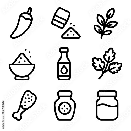 Global Seasoning Icons. Solid, filled icon set of international seasoning influences: Mexican chili, Indian curry, Mediterranean