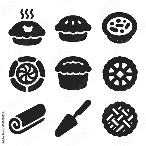 Savory Pie Icons. Solid, Filled icon set of savory pies and tarts: chicken pot pie, steak and kidney pie, quiche Lorraine,