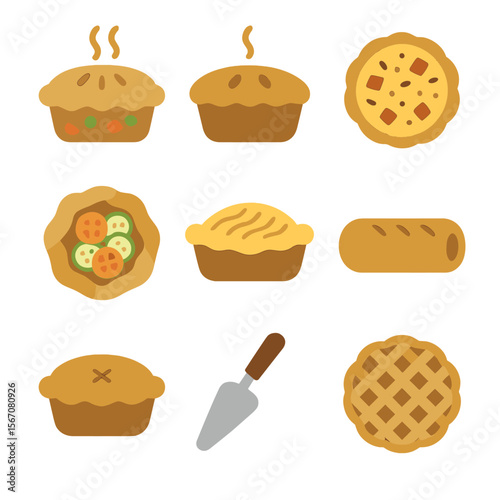 Savory Pie Icon Set. Flat icon set of savory pies and tarts: chicken pot pie, steak and kidney pie, quiche Lorraine, vegetable