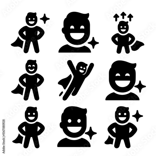 Energetic Confidence Icons. Solid, filled icon set of energetic confidence: superhero stance, shining smile, hands on hips, flying
