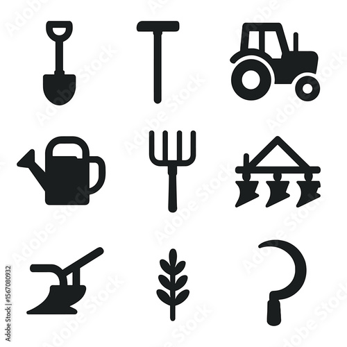 Farmer Icons Collection. Solid, filled icon set of farmer tools: shovel, hoe, rake, watering can, pitchfork, tractor, plow, harrow
