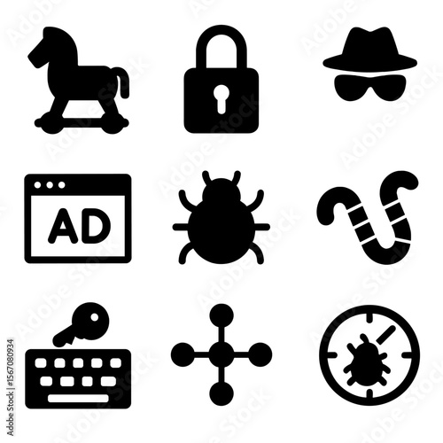 Cyber Threat Icons. Solid, filled icons set of virus types and threats: trojan horse, ransomware lock, spyware
