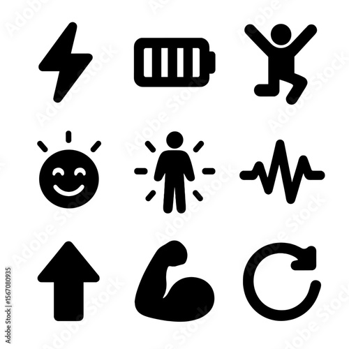 Energy Icon Set. Solid, filled icon set of energy and vitality: lightning bolt, power bar, jumping figure, energized face, glowing