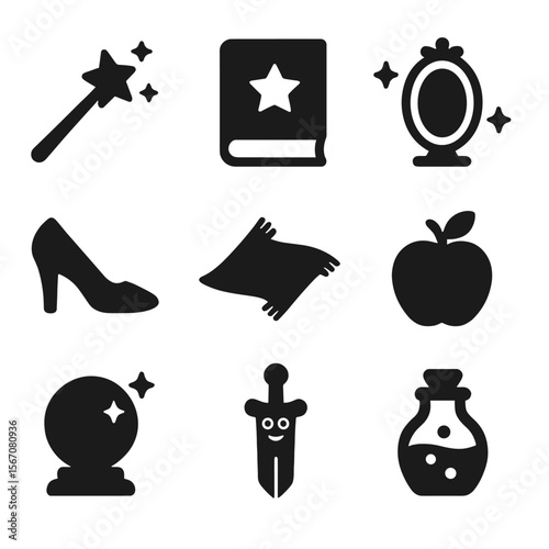 Enchanted Object Icons. Solid, filled icon set of enchanted objects: magic wand, spell book, enchanted mirror, glass slipper,