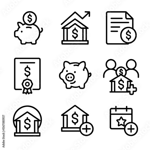 Savings Account Icons. Outline icon set of savings account types: regular savings, high-yield savings, money market account,