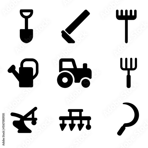 Farmer Tools Icons. Solid, filled icon set of farmer tools: shovel, hoe, rake, watering can, pitchfork, tractor, plow, harrow,