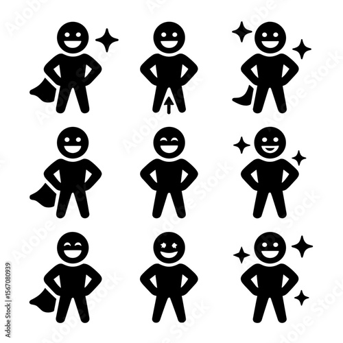 Energetic Confidence Icons. Solid, filled icon set of energetic confidence: superhero stance, shining smile, hands on hips, flying