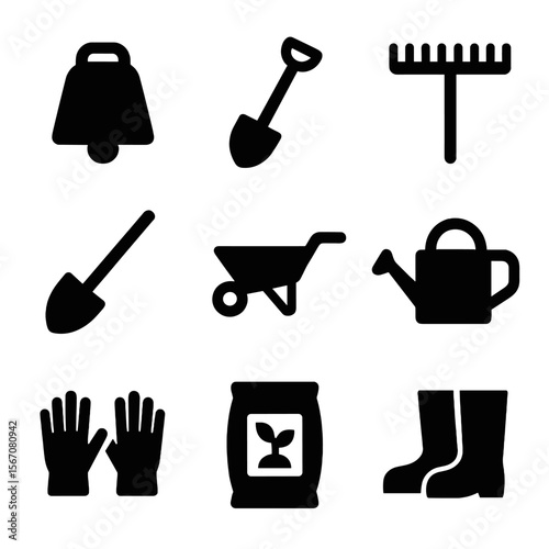Farm Tools Icons. Solid, filled icon set of Cow bell and farming tools: cow bell, shovel, rake, hoe, wheelbarrow, watering can,