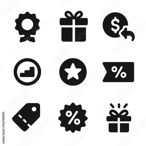 Savings Incentive Icons. Solid, Filled icon set of savings incentives: bonus badge, referral gift box, cashback coin, tiered badge
