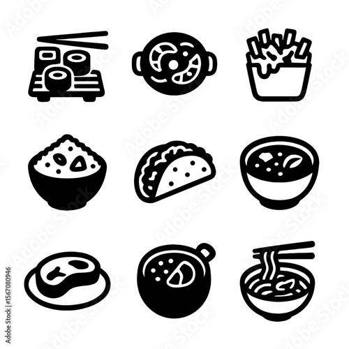Global Culinary Icons. Solid, filled icon set of continent food specialties: sushi, paella, poutine, couscous, tacos, borscht,