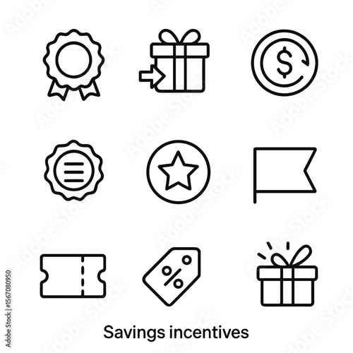 Savings Icons Set. Outline icon set of savings incentives: bonus badge, referral gift box, cashback coin, tiered badge, loyalty