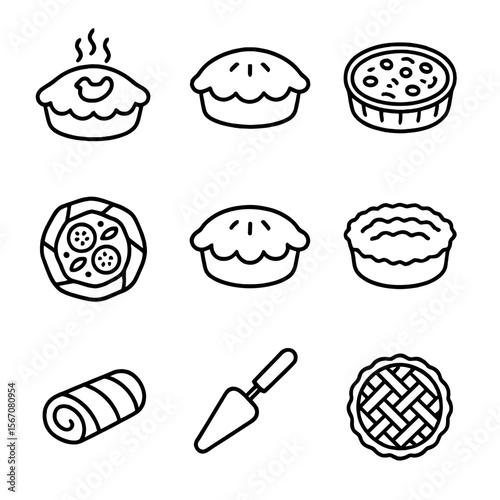 Savory Pie Icons. Outline icon set of savory pies and tarts: chicken pot pie, steak and kidney pie, quiche Lorraine, vegetable