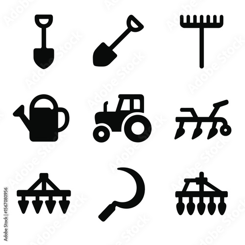 Farmer Icons Collection. Solid, filled icon set of farmer tools: shovel, hoe, rake, watering can, pitchfork, tractor, plow, harrow