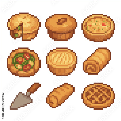Savory Pie Pixel Art. Pixel art icon set of savory pies and tarts: chicken pot pie, steak and kidney pie, quiche Lorraine,