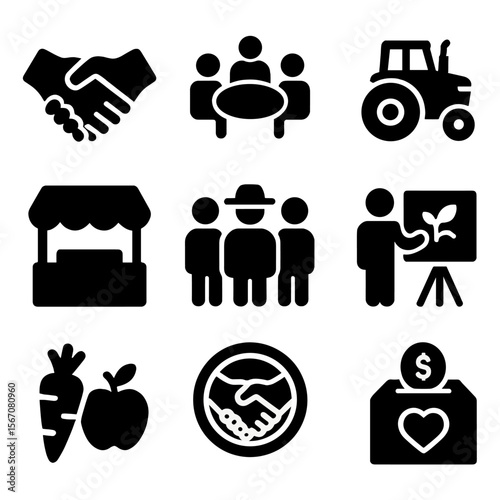 Farming Icon Grid. Solid, filled icon set of community and cooperative farming: handshake, group meeting, shared tractor, market