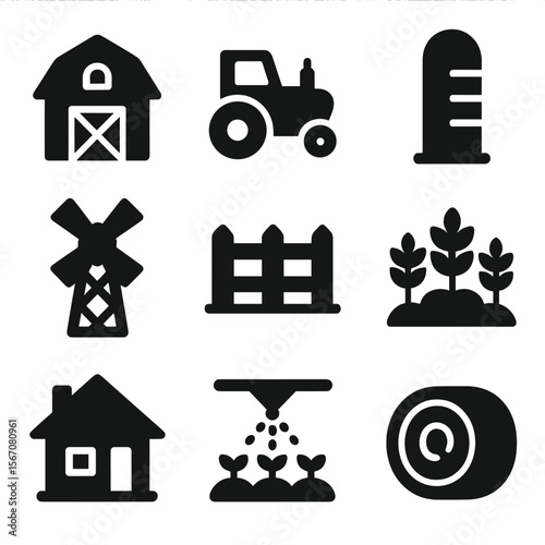 Farmland Icon Set. Solid, filled icon set of farmland landscape: barn, tractor, silo, windmill, fence, crops, farmhouse,