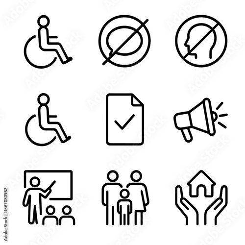 Clear Barriers Icons. Outline icon set of removal of learning barriers: physical barrier crossed-out, communication barrier