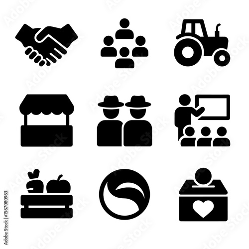 Farming Icon Grid. Solid, filled icon set of community and cooperative farming: handshake, group meeting, shared tractor, market