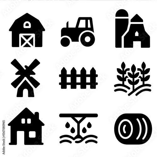 Farmland Icon Set. Solid, filled icon set of farmland landscape: barn, tractor, silo, windmill, fence, crops, farmhouse,
