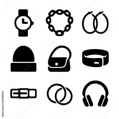 Fashion Accessory Icons. Solid, filled icon set of fashion accessories for street style: watch, chain necklace, hoop earrings,