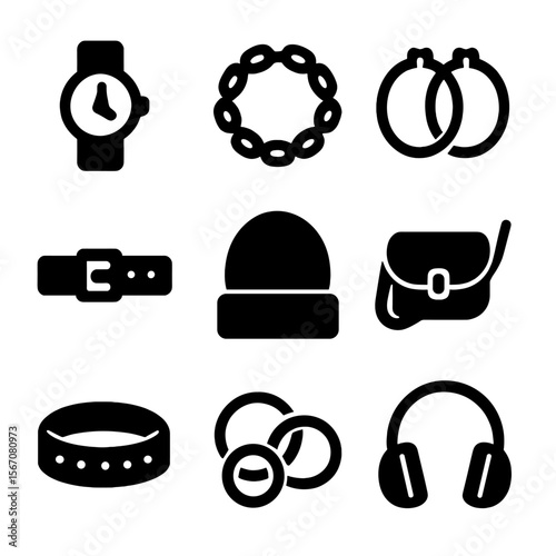 Fashion Accessory Icons. Solid, filled icon set of fashion accessories for street style: watch, chain necklace, hoop earrings,
