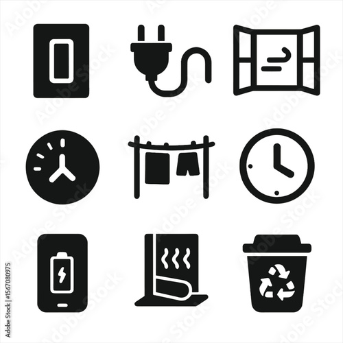 Energy-Saving Icons Grid. Solid, filled icon set of energy-saving habits: light switch off, unplug device, window open, thermostat