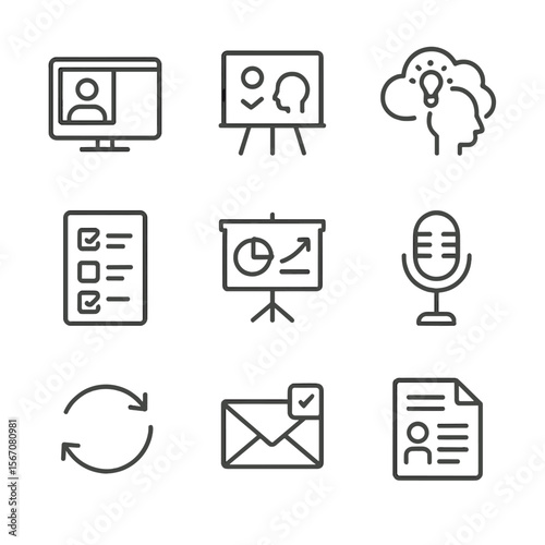 Client Collaboration Icons. Outline icon set of client collaboration and communication: video conference screen, workshop