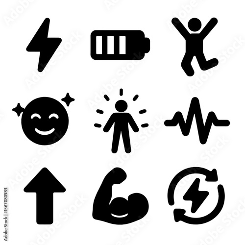 Energy Icon Set. Solid, filled icon set of energy and vitality: lightning bolt, power bar, jumping figure, energized face, glowing