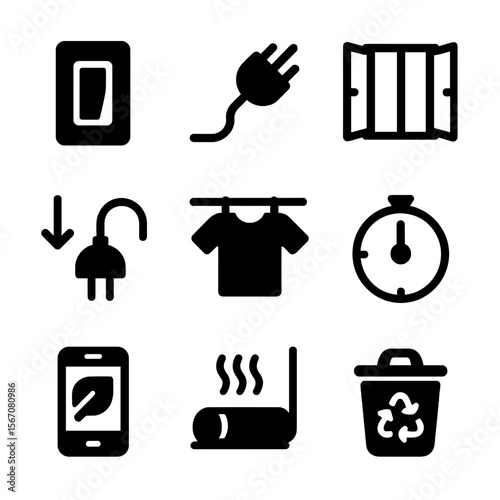 Energy-Saving Icons Grid. Solid, filled icon set of energy-saving habits: light switch off, unplug device, window open, thermostat