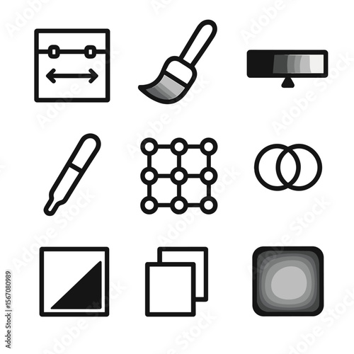 Gradient Icon Set. Solid, filled icon set of gradient tools and effects: gradient editor, paintbrush with gradient, gradient
