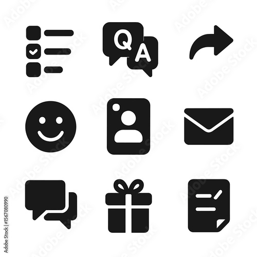 Engagement Tools Icons. Solid, filled icon set of follower engagement tools: poll, Q&A, comment reply, emoji reaction, story