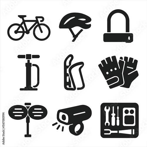 Cycling Essentials Icons. Solid, filled icons set of cycling essentials: road bike, helmet, bike lock, tire