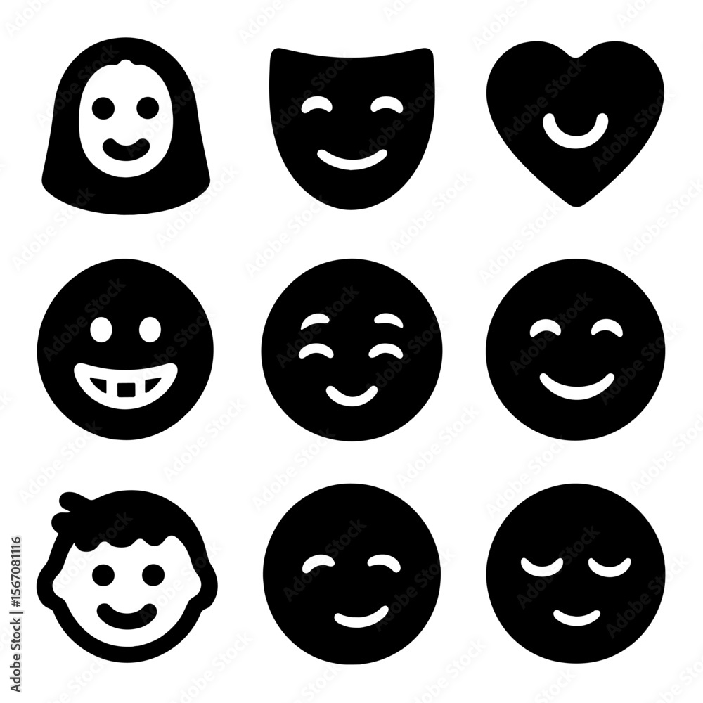 Obraz premium Grid of Iconic Smiles. Solid, filled icon set of symbolic smiles: Mona Lisa smile, mask smile, heart-shaped smile, toothy grin,