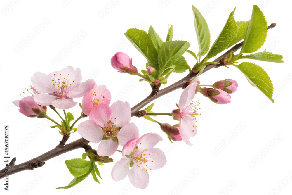 Obraz premium Close-up of cherry blossom branch with delicate pink flowers, isolated on transparent background, spring season, floral beauty, asian nature motif