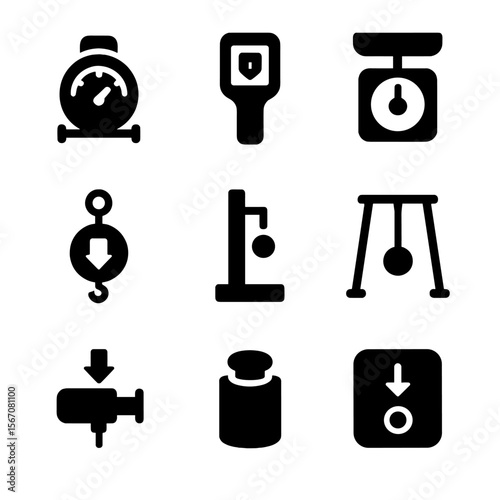Gravity Measurement Tools. Solid, filled icon set of tools to measure gravity: gravimeter, accelerometer, weight scale, spring