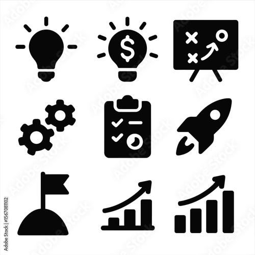 Entrepreneur Idea Icons. Solid, filled icon set of entrepreneurial ideas: startup lightbulb, money spark, strategy board, pitch