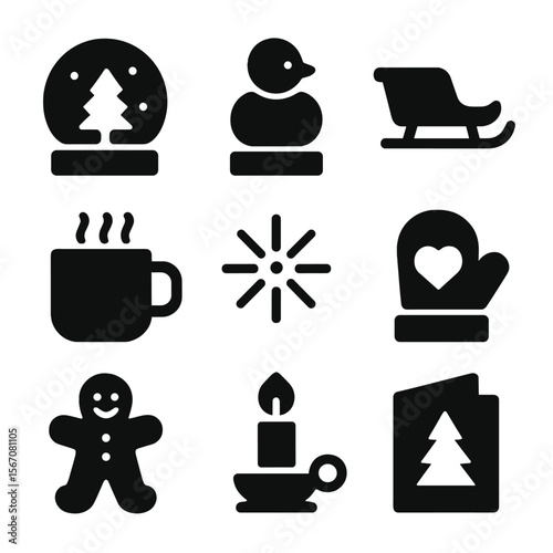Seasonal Celebration Icons. Solid, Filled icon set of seasonal celebration elements: snow globe, ice sculpture, sleigh runner, hot