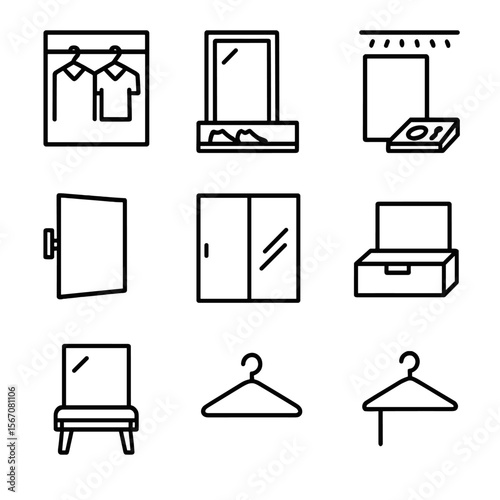 Closet Organization Icons. Outline icon set of closet organization with mirror: hanging rail reflecting clothes, shoe shelf