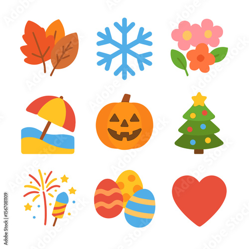 Seasonal Icon Collection. Flat icon set of seasonal postcard themes: autumn leaves, snowflake pattern, spring blossoms, summer