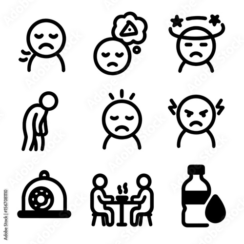 Fasting Challenge Icons. Solid, filled icon set of fasting challenges: hunger pangs, cravings, dizziness, fatigue, headache,