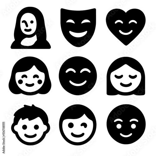 Grid of Iconic Smiles. Solid, filled icon set of symbolic smiles: Mona Lisa smile, mask smile, heart-shaped smile, toothy grin,